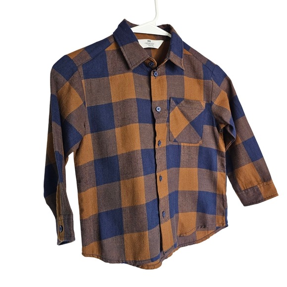 H&M Brown Blue Plaid Flannel Shirt Button Down Long Sleeve Casual Boy Size 4T - Picture 2 of 11